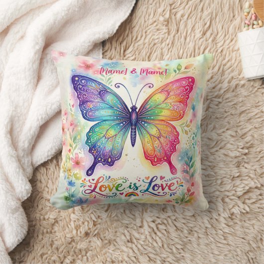 ウォーターカラーの虹色の蝶 "Love is Love" クッション (ブランケット)