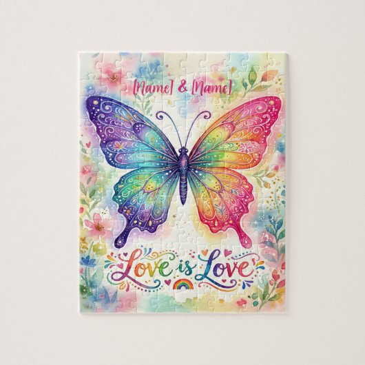 ウォーターカラーの虹色の蝶 "Love is Love" ジグソーパズル (縦)
