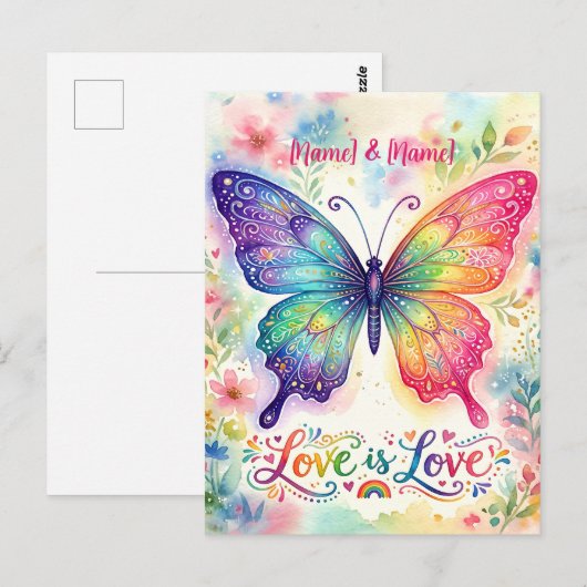 ウォーターカラーの虹色の蝶 "Love is Love" ポストカード (正面/裏面)