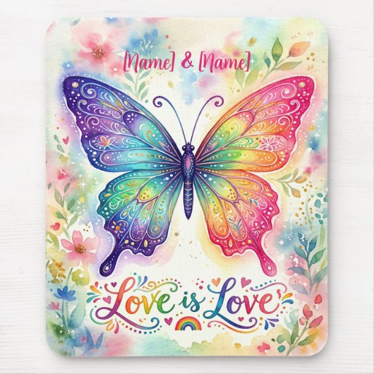 ウォーターカラーの虹色の蝶 "Love is Love" マウスパッド (正面)