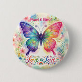 ウォーターカラーの虹色の蝶 "Love is Love" 缶バッジ (正面)