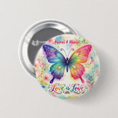 ウォーターカラーの虹色の蝶 "Love is Love" 缶バッジ (正面&裏面)