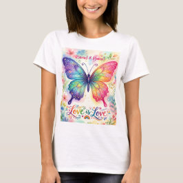 ウォーターカラーの虹色の蝶 "Love is Love" Tシャツ