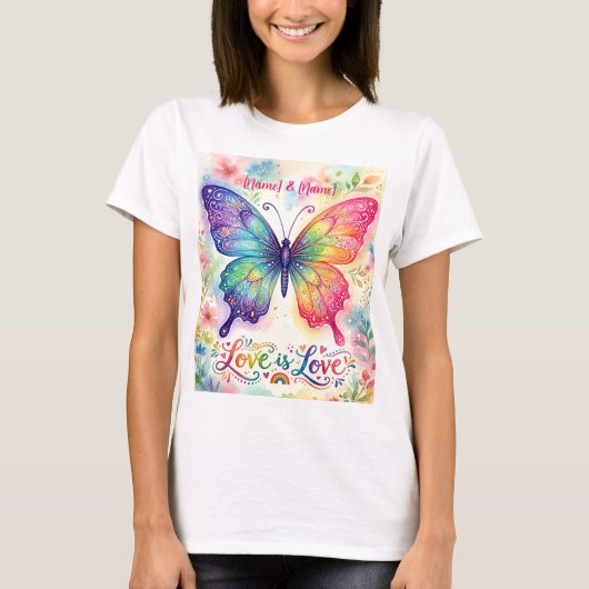ウォーターカラーの虹色の蝶 "Love is Love" Tシャツ (正面)