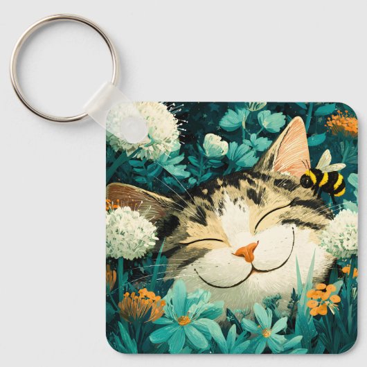 ウォーターカラーの蜂が眠る猫の花園 キーホルダー (正面)