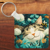 ウォーターカラーの蜂が眠る猫の花園 キーホルダー (正面)