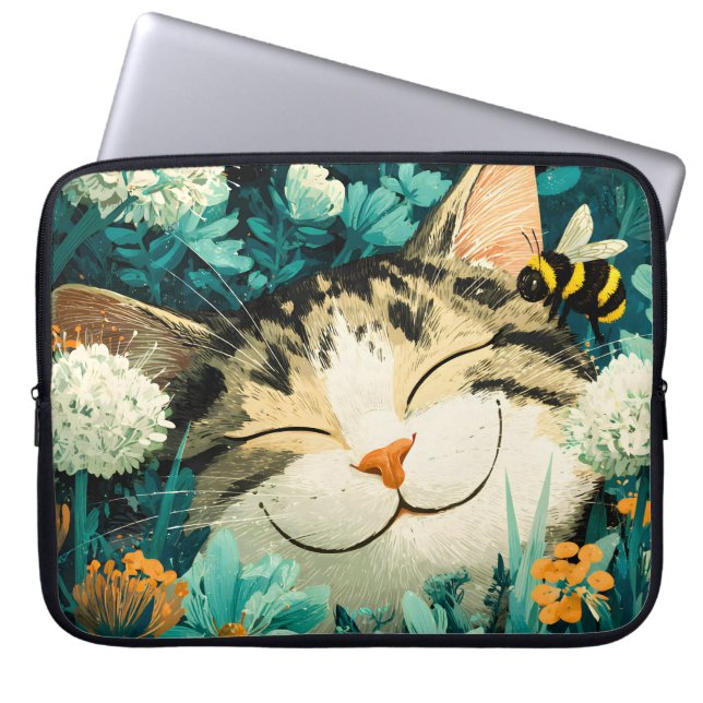 ウォーターカラーの蜂と眠る猫の花園 ラップトップスリーブ (正面)