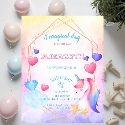 ウォーターカラーの誕生日 Rainbow Unicorn 招待状