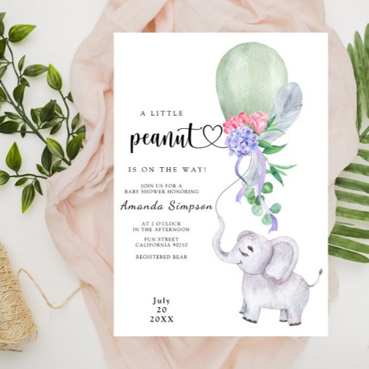 ウォーターカラーの象と風船のベビーシャワー 招待状