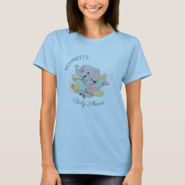 ウォーターカラーの象飛行機ベビーシャワーのTシャツ Tシャツ