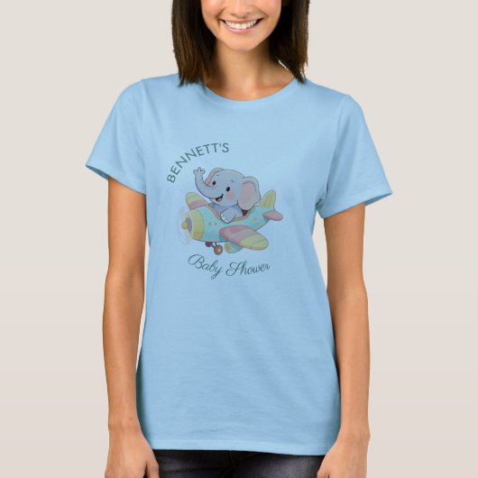 ウォーターカラーの象飛行機ベビーシャワーのTシャツ Tシャツ (正面)