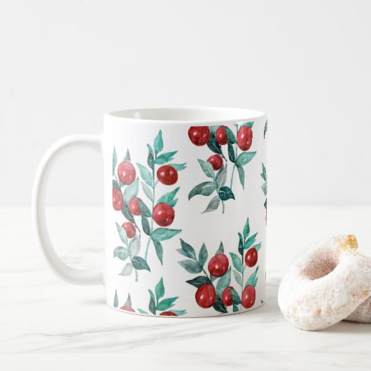 ウォーターカラーの赤いクリスマスベリー模様 コーヒーマグカップ (ドーナツ)