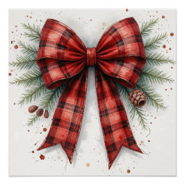 ウォーターカラーの赤いクリスマスリボンのギフトバッグ ポスター