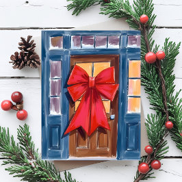 ウォーターカラーの赤いクリスマスリボンのドアリース シーズンポストカード