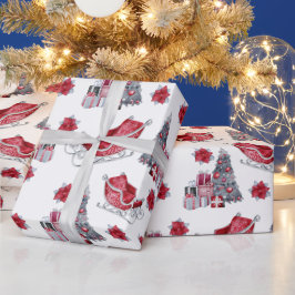ウォーターカラーの赤いソリ、クリスマスツリー、プレゼント ラッピングペーパー