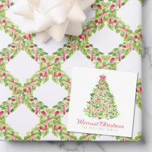 ウォーターカラーの赤いリボンのクリスマスツリー