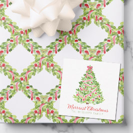 ウォーターカラーの赤いリボンのクリスマスツリー ノートカード