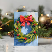 ウォーターカラーの赤いリボンのクリスマスリース シーズンカード
