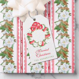 ウォーターカラーの赤いリボンのマグノリア クリスマスリース ギフトタグ