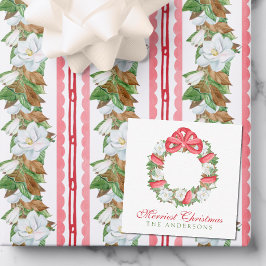 ウォーターカラーの赤いリボンのマグノリア クリスマスリース ノートカード