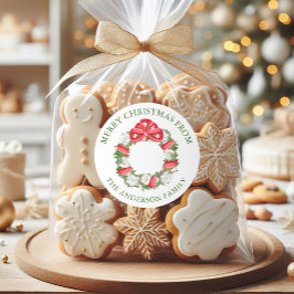 ウォーターカラーの赤いリボンのマグノリア クリスマスリース ラウンドシール