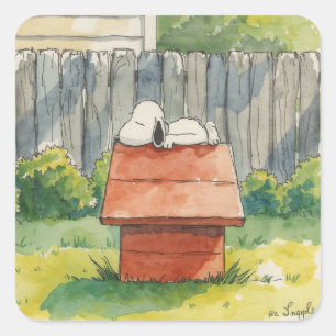 ウォーターカラーの赤い犬小屋の上で眠る犬の芸術 スクエアシール