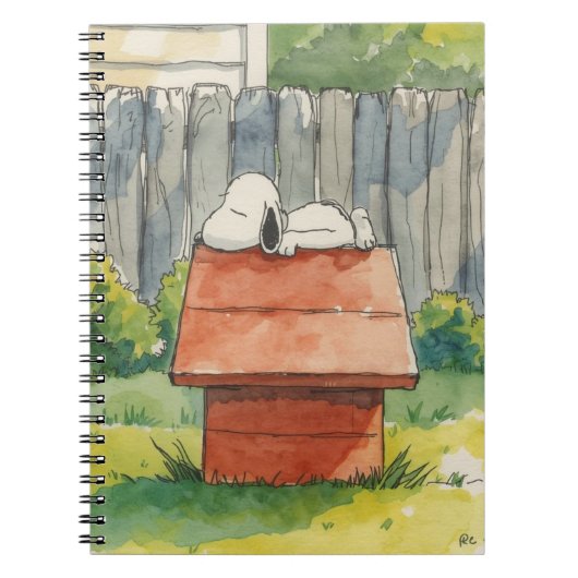 ウォーターカラーの赤い犬小屋の上で眠る犬の芸術 ノートブック (正面)