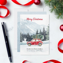 ウォーターカラーの赤い車のクリスマスツリー ホリデーカード