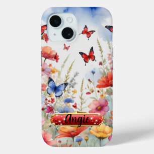 ウォーターカラーの赤と青の蝶と花々 iPhone 15ケース