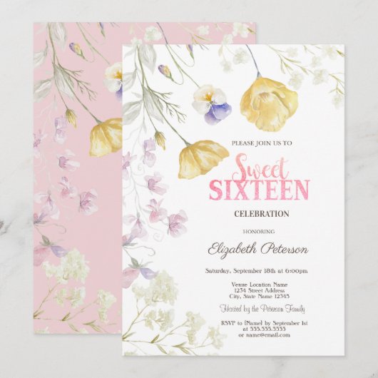 ウォーターカラーの野の花でSweet 16 招待状 (正面/裏面)