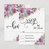 ウォーターカラーの野の花とゴールドの紙吹雪、装飾的なRSVP 出欠カード (正面/裏面)