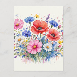 ウォーターカラーの野の花のブーケフラワアート ポストカード