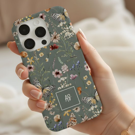 ウォーターカラーの野の花のモノグラム入りフラワー iPhoneケース