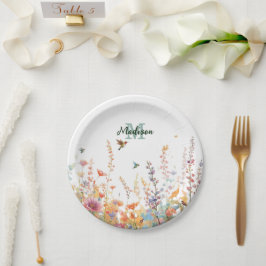 ウォーターカラーの野の花のモノグラム 名前入り ペーパープレート
