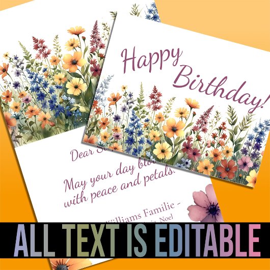 ウォーターカラーの野の花の夏の誕生日パーソナライズ カード