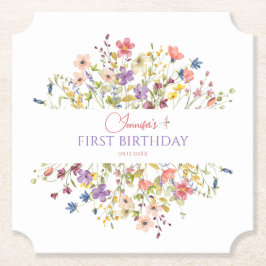 ウォーターカラーの野の花の女の子 1歳の誕生日のドリンク ペーパーコースター