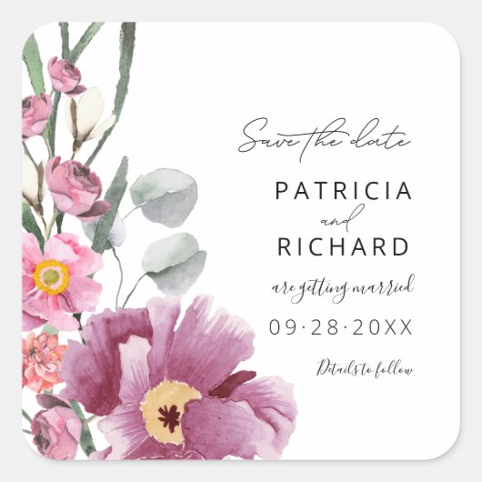 ウォーターカラーの野の花の結婚式セーブ・ザ・デート スクエアシール (正面)