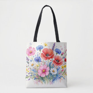 ウォーターカラーの野の花の草原ブーケ フローラルアート トートバッグ