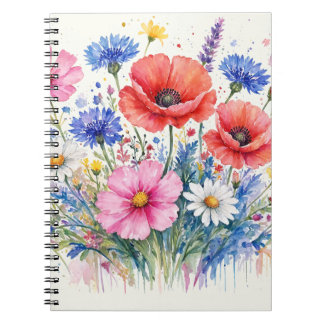 ウォーターカラーの野の花の草原ブーケ フローラルアート ノートブック