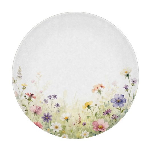 ウォーターカラーの野の花の草原 パステル調の花のボーダー カッティングボード (正面)
