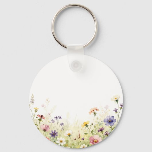 ウォーターカラーの野の花の草原 パステル調の花のボーダー キーホルダー (正面)