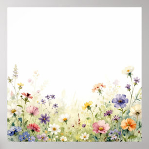 ウォーターカラーの野の花の草原 パステル調の花のボーダー ポスター