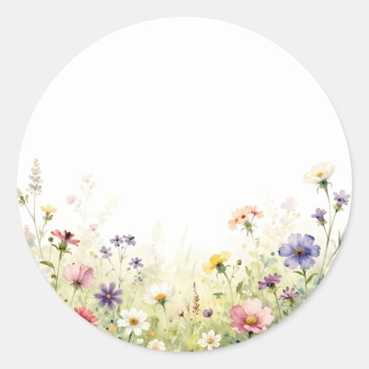 ウォーターカラーの野の花の草原 パステル調の花のボーダー ラウンドシール (正面)