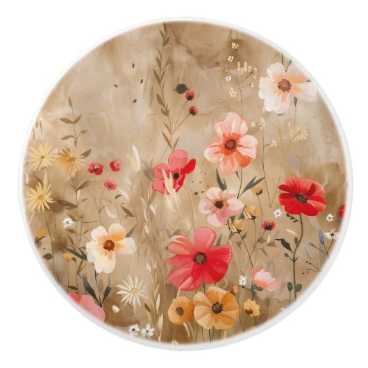 ウォーターカラーの野の花の陶器の取っ手 セラミックノブ (正面)