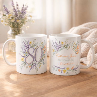 ウォーターカラーの野の花の80歳の誕生日ギフト 名前入り コーヒーマグカップ