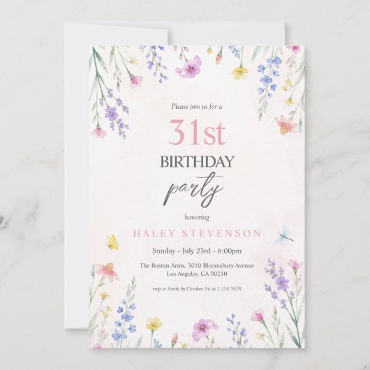 ウォーターカラーの野の花パステルフラワー31歳の誕生日 招待状 (正面)