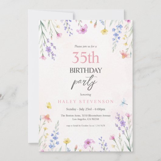 ウォーターカラーの野の花パステルフラワー35歳の誕生日 招待状 (正面)