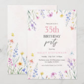 ウォーターカラーの野の花パステルフラワー35歳の誕生日 招待状 (正面/裏面)