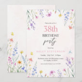 ウォーターカラーの野の花パステルフラワー38歳の誕生日 招待状 (正面/裏面)