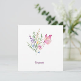 ウォーターカラーの野の花ブーケとピンクの蝶 サンキューカード